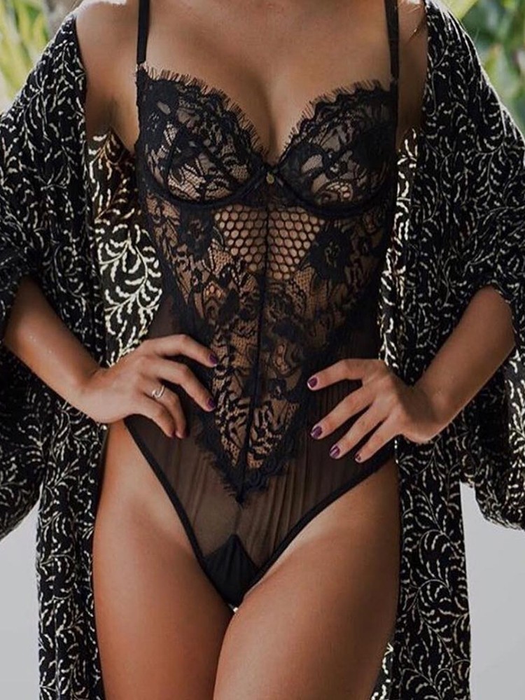 Sexy Eyelash Lace Mesh Teddy Valentines Day Lingerie - Black - Front