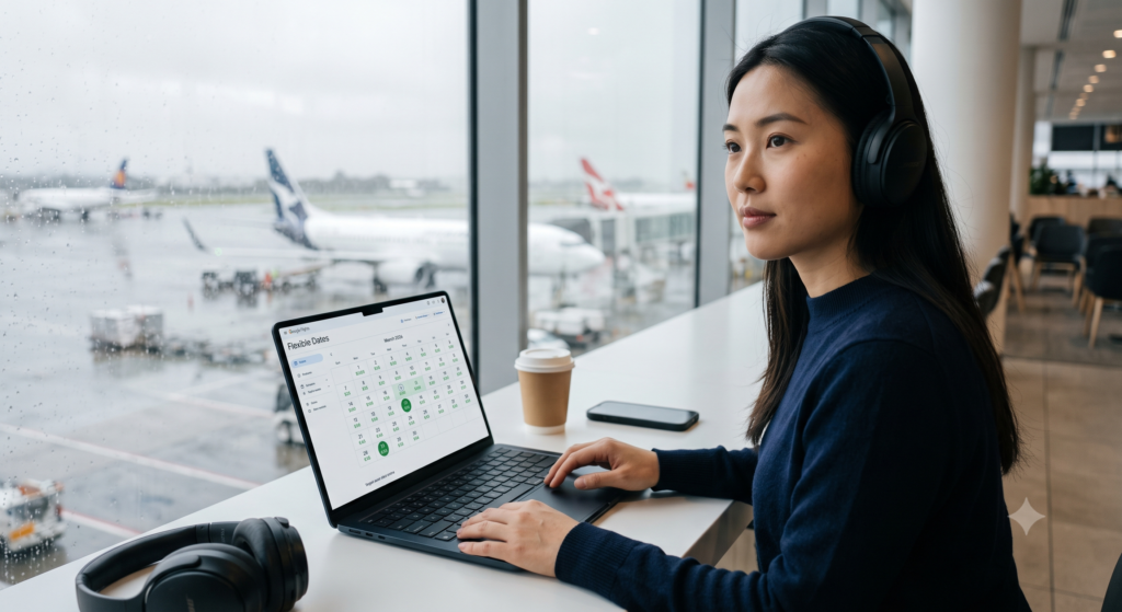 How to Find Cheap Flights in 2026: 15 Proven Ways That Actually Work 14 A traveler sitting in an airport lounge uses a laptop to compare flexible flight dates and track airfare prices for cheap flights on a calendar grid.