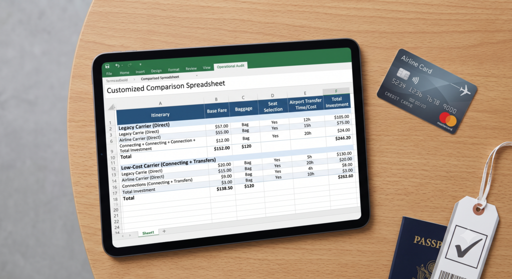 How to Find Cheap Flights in 2026: 15 Proven Ways That Actually Work 16 A tablet on a desk displays a spreadsheet comparing the true cost of legacy and budget airline flights, including baggage and transfer fees.