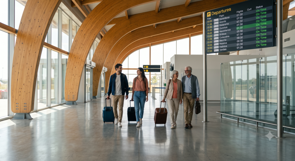 How to Find Cheap Flights in 2026: 15 Proven Ways That Actually Work 15 Relaxed travelers carrying small cabin bags walking through a bright, uncrowded secondary airport terminal during the autumn shoulder season.