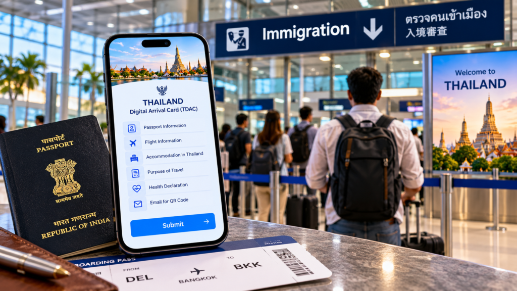 Thailand Visa for Indians: The 30-Day Rule, TDAC, and Longer Stays 16 Passport, TDAC on a phone, and a Delhi to Bangkok boarding pass at a Thai airport immigration hall
