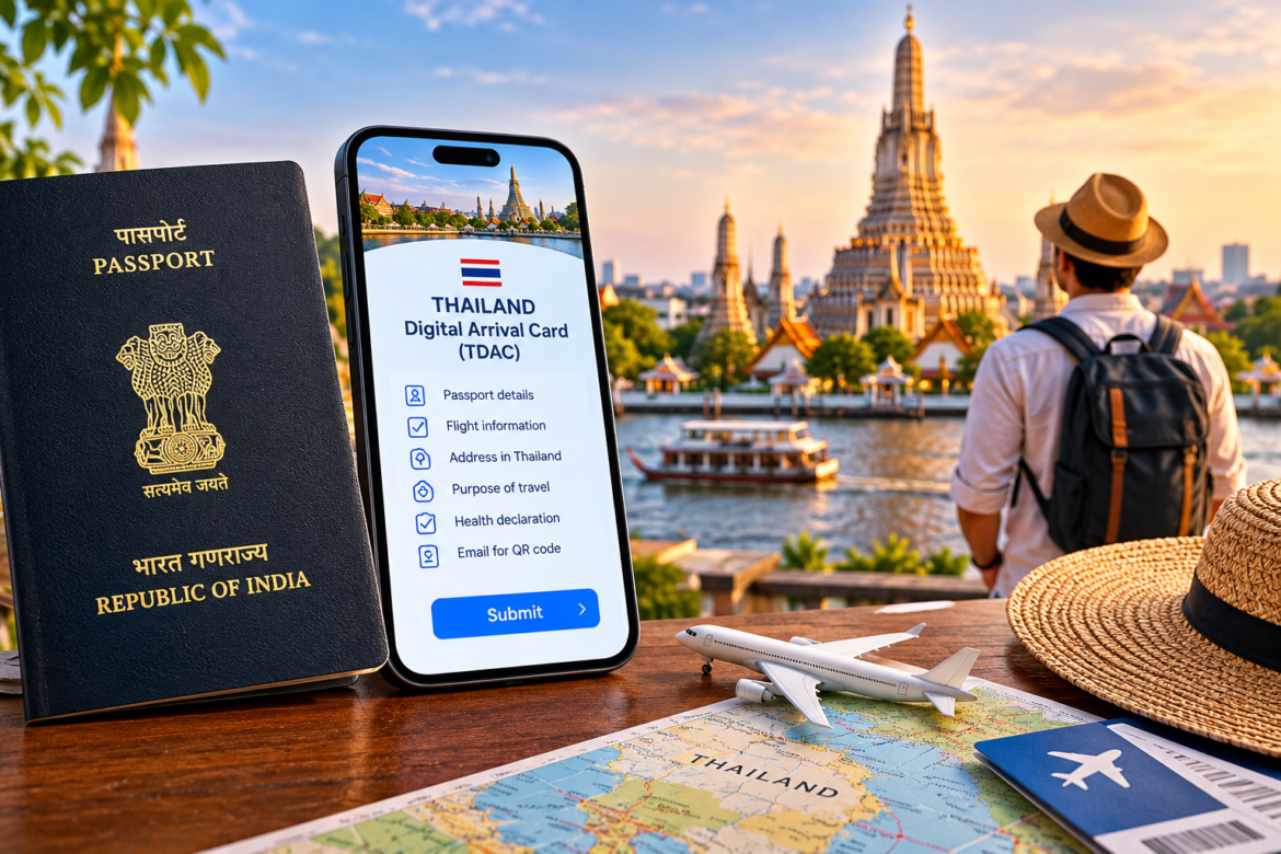 Thailand visa for Indians: Indian passport, TDAC form on a phone, and a Bangkok temple across the river